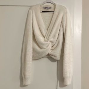 Off-white chenille sweater with knotted front and plunging neckline. So cozy!